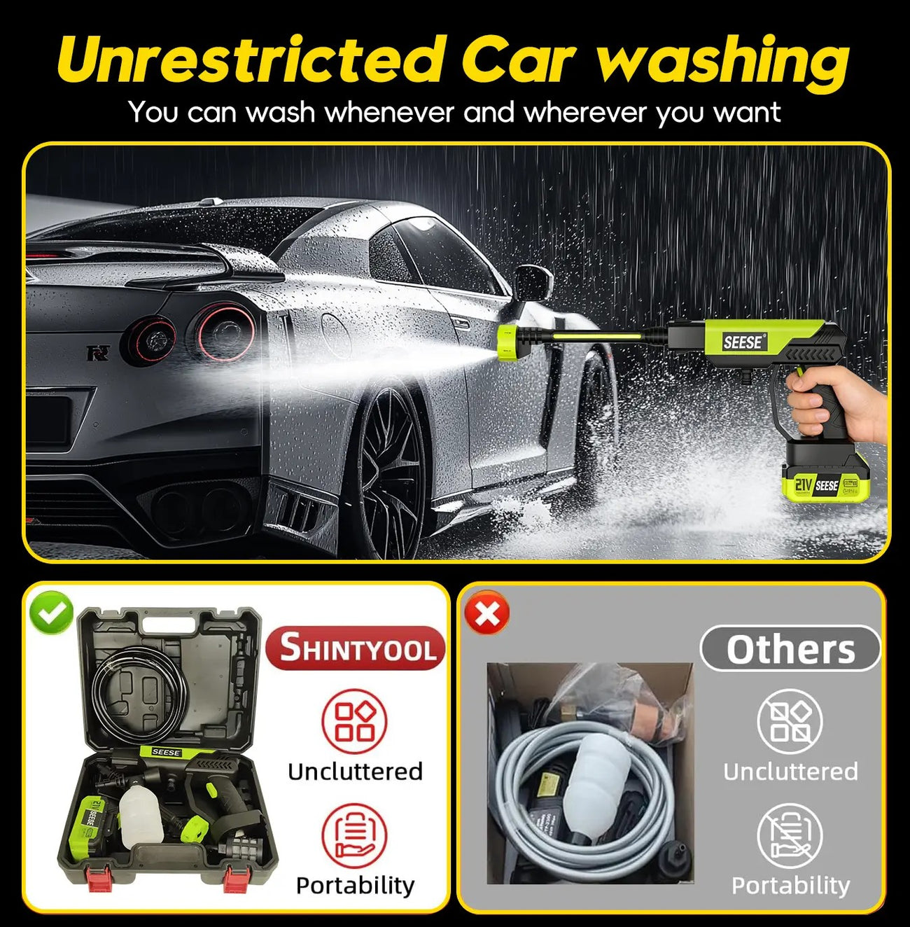 Wash the car, patio, and garden without dragging out a big machine.